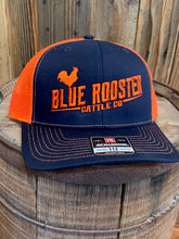 Load image into Gallery viewer, Blue Rooster Navy front, Orange mesh and Orange  Embroidery Richardson snapback trucker cap